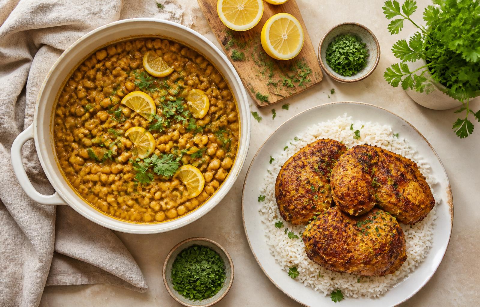 Chickpea and lemon one-pot on a rustic kitchen table